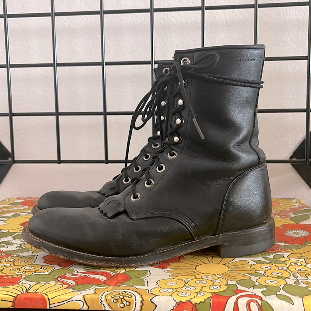 Justin Black Leather Kiltie Vintage Ropers